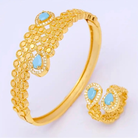 Gold Bracelet & Ring Set Turquoise Teardrop Stones Traditional Statement Jewelry - Picture 2 of 7